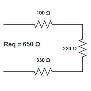 Circuito em série com resistores de 100Ω, 220Ω e 330Ω resultando em 650Ω