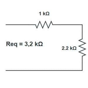 Resistores de 1 kΩ e 2,2 kΩ em série com resistência equivalente de 3,2 kΩ