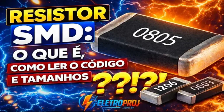 Thumbnail chamativa mostrando resistor SMD 0805 em destaque, com fundo elétrico azul e laranja, texto “Resistor SMD: o que é, como ler o código e tamanhos” e exemplos de encapsulamentos 1206 e 0603.