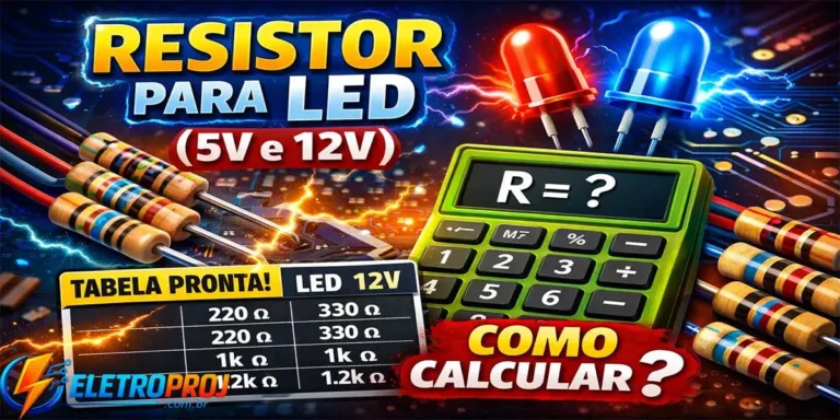 Resistor para LED 5V e 12V com tabela pronta de valores e cálculo da resistência mostrado em thumbnail chamativa com LEDs e resistores eletrônicos.
