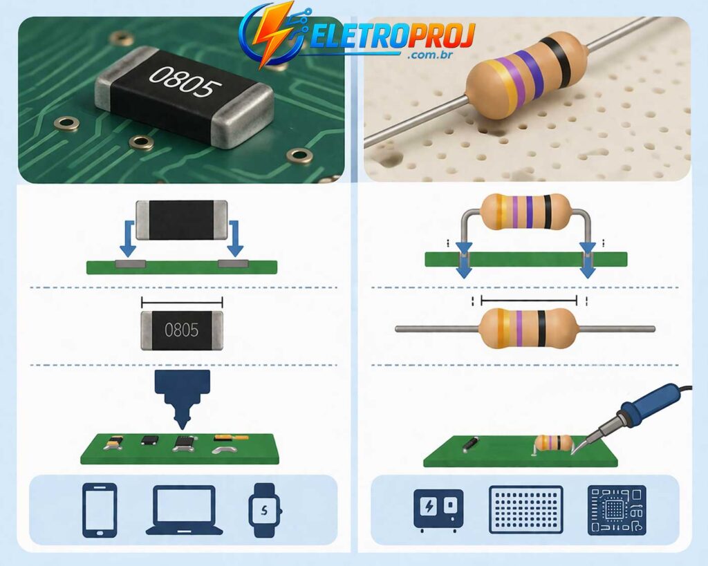Comparação visual entre resistor SMD e resistor convencional mostrando montagem em superfície e montagem com terminais em placa de circuito impresso.