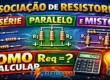 Ilustração chamativa mostrando associação de resistores em série, paralelo e misto com diagramas de circuito, resistores identificados (R1, R2, R3), símbolo de resistência equivalente (Req) e elementos visuais de cálculo.