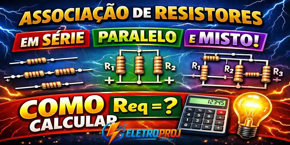 Ilustração chamativa mostrando associação de resistores em série, paralelo e misto com diagramas de circuito, resistores identificados (R1, R2, R3), símbolo de resistência equivalente (Req) e elementos visuais de cálculo.