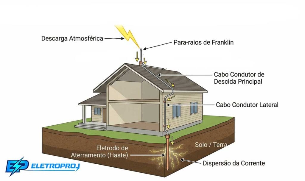 Diagrama técnico do sistema de proteção contra descargas atmosféricas tipo Franklin, mostrando a descarga atmosférica atingindo o captor no topo do telhado, o condutor de descida na lateral da edificação e o eletrodo de aterramento no solo, com indicação do caminho da corrente elétrica.