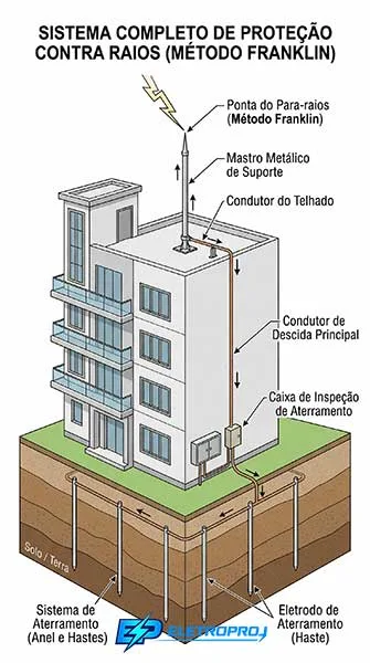 Ilustração técnica de um sistema de proteção contra descargas atmosféricas tipo Franklin completo, mostrando captor metálico no topo do telhado, condutor de descida na parede, caixa de inspeção no nível do solo e eletrodo de aterramento enterrado.
