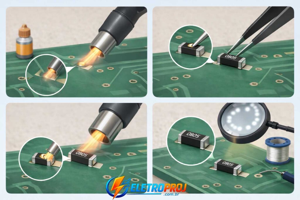 Sequência visual mostrando soldagem de resistor SMD usando soprador térmico e pinça sobre placa de circuito impresso.