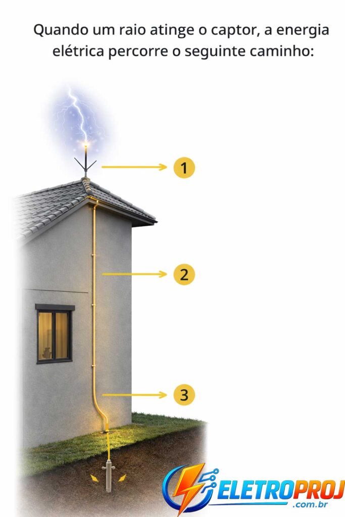Diagrama mostrando o caminho da descarga atmosférica: raio atingindo o captor Franklin no topo do telhado, corrente descendo pelo cabo lateral e sendo dissipada no sistema de aterramento no solo.