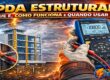 Ilustração mostrando o funcionamento do SPDA estrutural em edifício de concreto armado, com descarga atmosférica sendo conduzida pela ferragem da estrutura até o sistema de aterramento, incluindo medição de continuidade elétrica com micro-ohmímetro.
