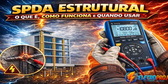 Ilustração mostrando o funcionamento do SPDA estrutural em edifício de concreto armado, com descarga atmosférica sendo conduzida pela ferragem da estrutura até o sistema de aterramento, incluindo medição de continuidade elétrica com micro-ohmímetro.