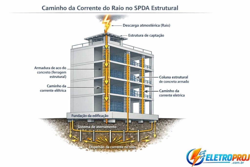 Diagrama técnico em corte mostrando o caminho da corrente do raio em um SPDA estrutural. A descarga atmosférica atinge o topo do edifício e a corrente elétrica percorre a armadura de aço do concreto armado até o sistema de aterramento na fundação, onde a corrente é dissipada no solo.
