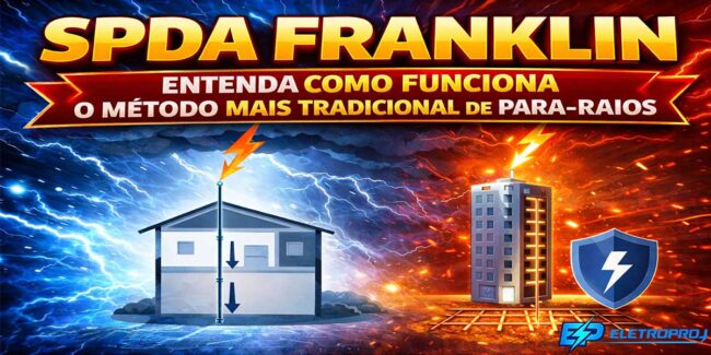 Ilustração do sistema SPDA Franklin mostrando um para-raios com haste captora no topo do edifício, condutor de descida conduzindo a corrente do raio até o sistema de aterramento, representando o funcionamento do método tradicional de proteção contra descargas atmosféricas.