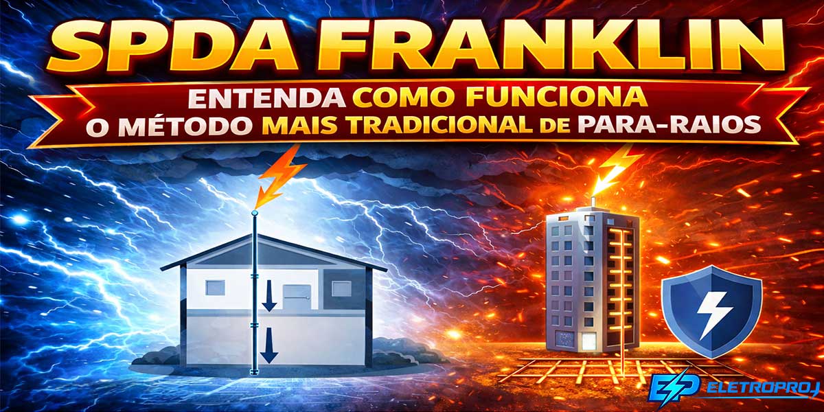 Ilustração do sistema SPDA Franklin mostrando um para-raios com haste captora no topo do edifício, condutor de descida conduzindo a corrente do raio até o sistema de aterramento, representando o funcionamento do método tradicional de proteção contra descargas atmosféricas.