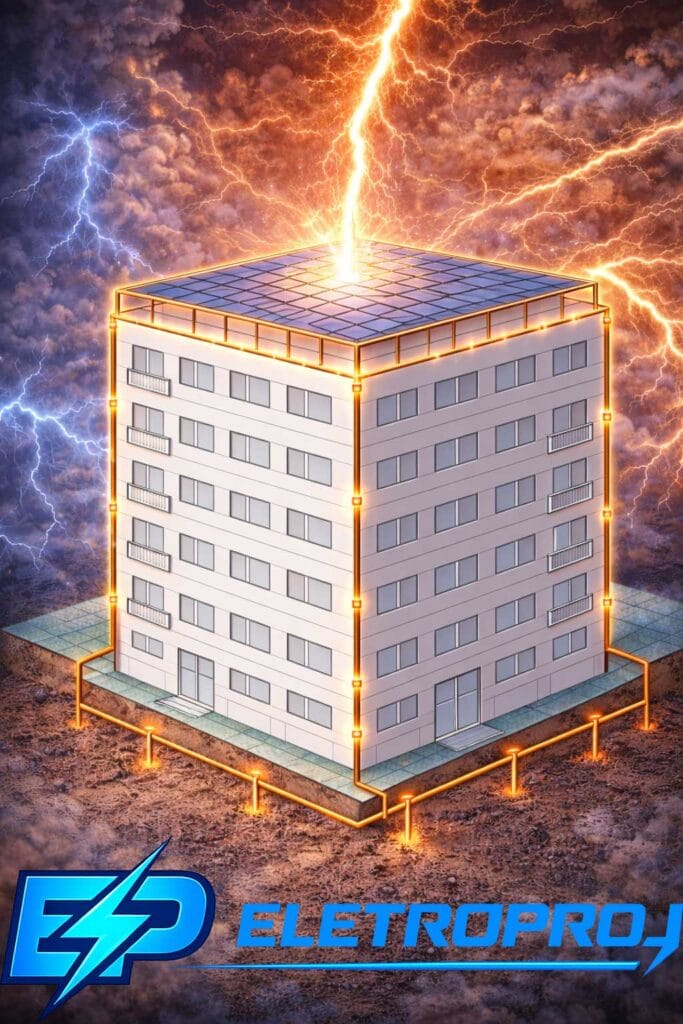 Ilustração de edifício protegido por SPDA tipo Gaiola de Faraday, mostrando malha de condutores no topo, descidas nas laterais e sistema de aterramento conduzindo a corrente do raio até o solo.