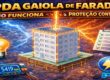 Ilustração mostrando edifício protegido por SPDA tipo gaiola de Faraday, com malha de captação no topo, condutores de descida nas laterais e sistema de aterramento dissipando a corrente do raio conforme a NBR 5419.