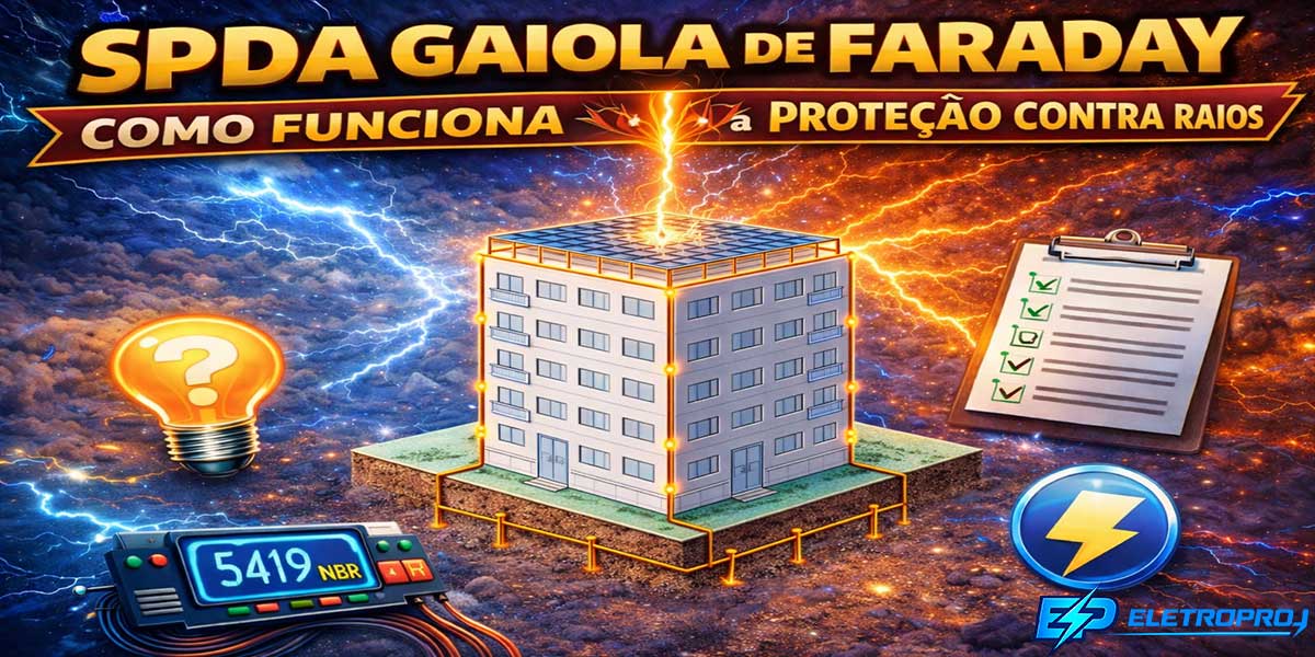 Ilustração mostrando edifício protegido por SPDA tipo gaiola de Faraday, com malha de captação no topo, condutores de descida nas laterais e sistema de aterramento dissipando a corrente do raio conforme a NBR 5419.