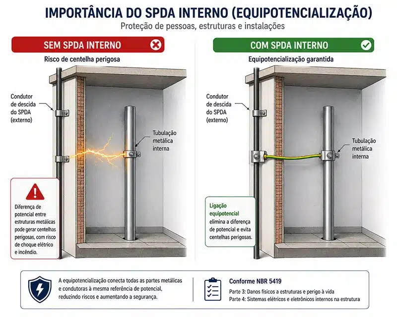 Comparação SPDA interno com e sem equipotencialização mostrando risco de centelha entre estruturas metálicas