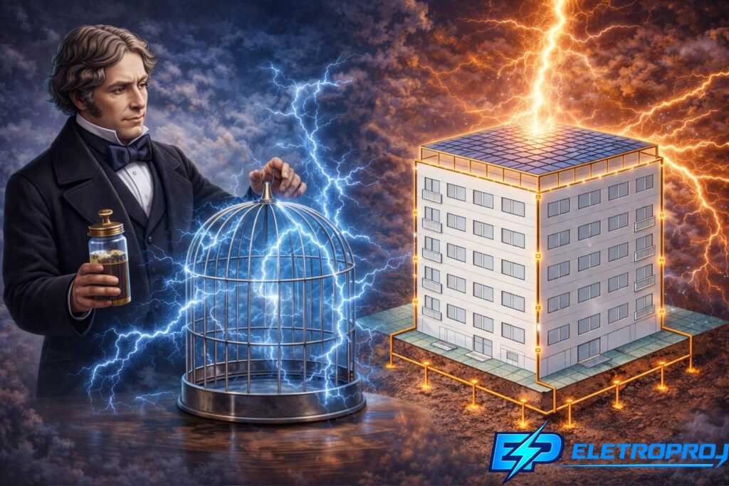 Ilustração de prédio protegido por SPDA tipo Gaiola de Faraday, com malha de condutores no topo e laterais conduzindo a corrente do raio até o sistema de aterramento no solo.