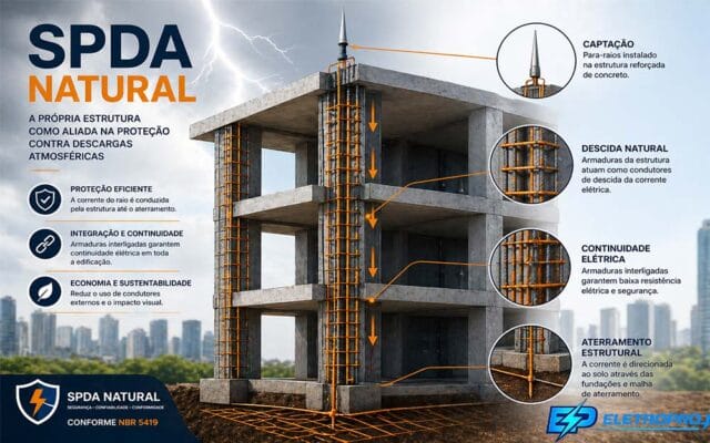 SPDA natural com armadura estrutural funcionando como captação descida e aterramento em edificação