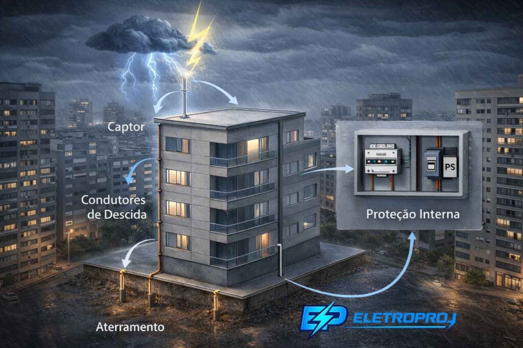 Diagrama ilustrando o funcionamento do SPDA com captor, condutores de descida, aterramento e DPS no quadro elétrico.
