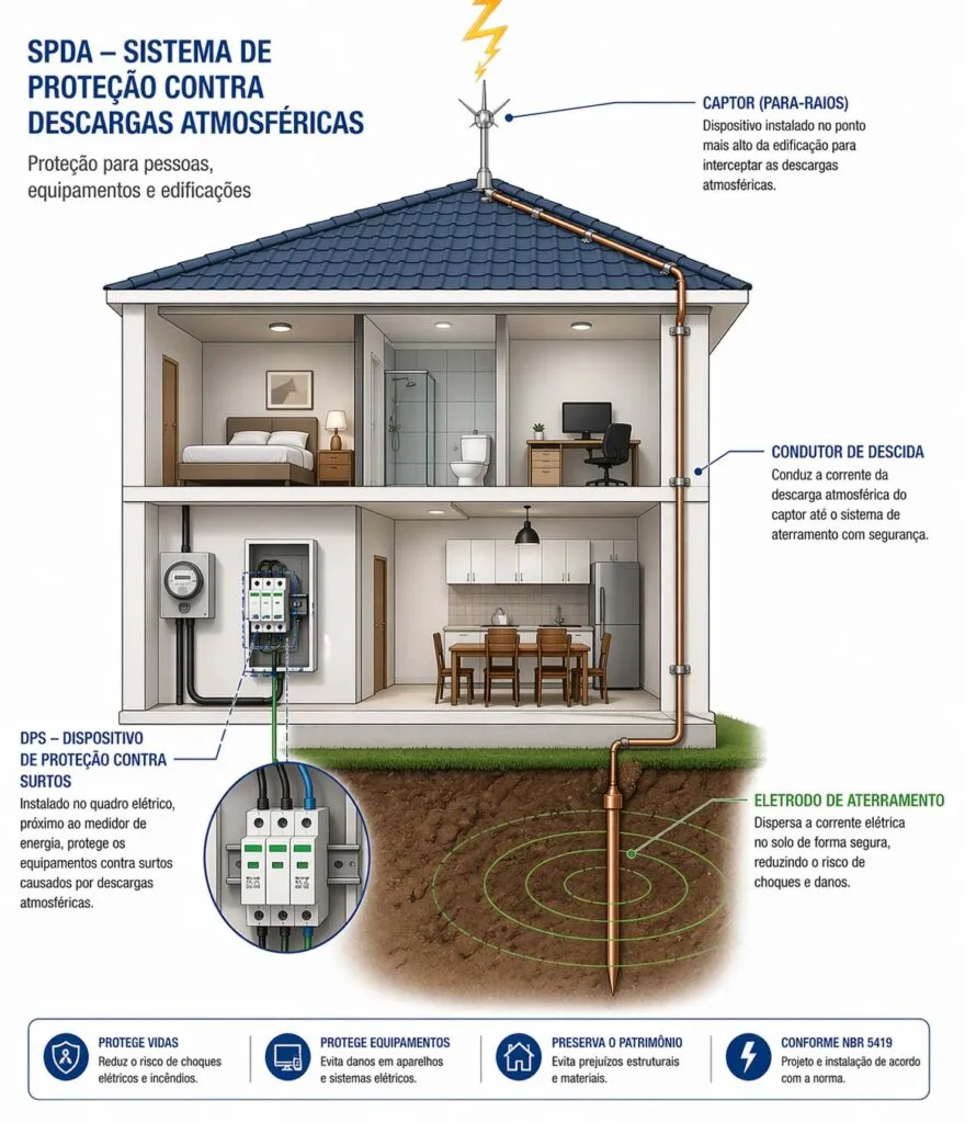 Sistema SPDA residencial com captor no telhado, condutor de descida, eletrodo de aterramento e DPS instalado no quadro elétrico.