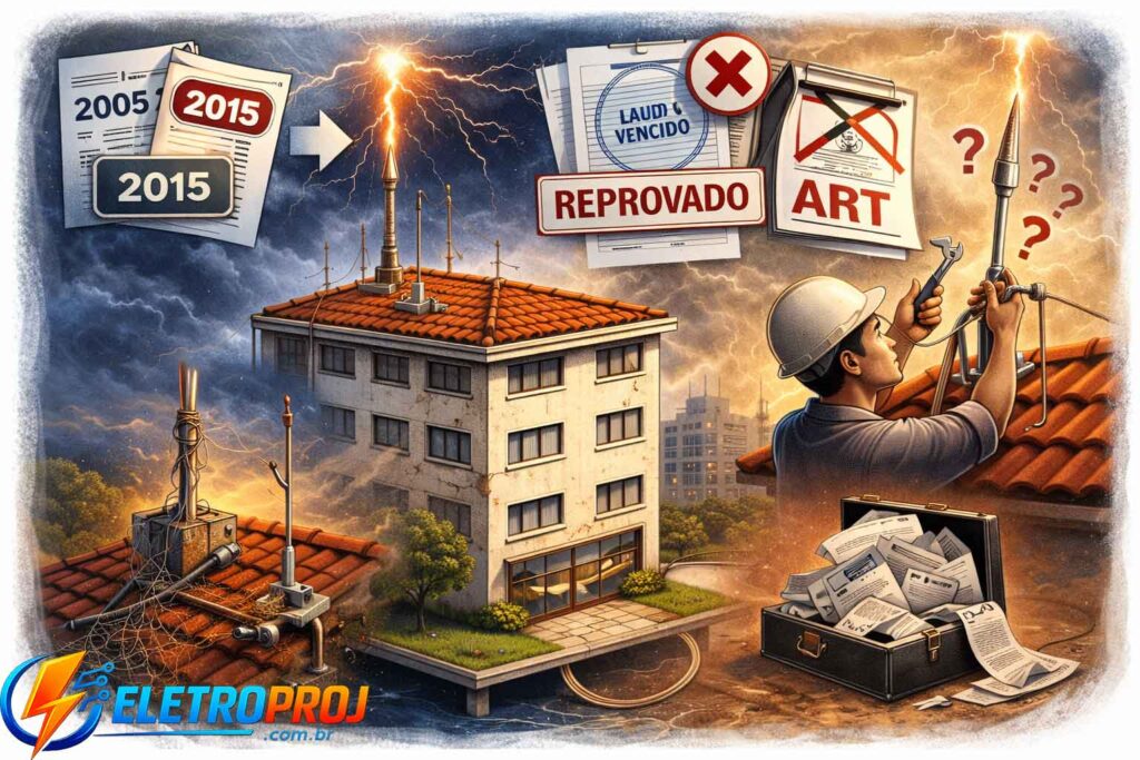 Ilustração mostrando erros comuns em sistemas de para-raios fora da norma NBR 5419, incluindo sistema antigo, laudo vencido, ausência de ART e instalação sem projeto técnico.