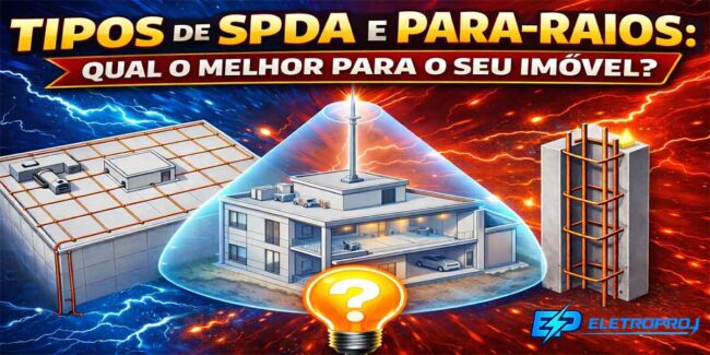 Ilustração comparando tipos de SPDA e para-raios, incluindo método Franklin, gaiola de Faraday e SPDA estrutural em edifício.