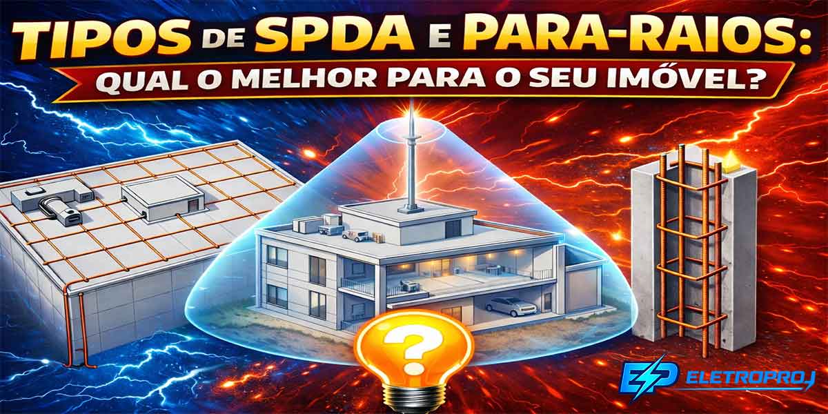 Ilustração comparando tipos de SPDA e para-raios, incluindo método Franklin, gaiola de Faraday e SPDA estrutural em edifício.