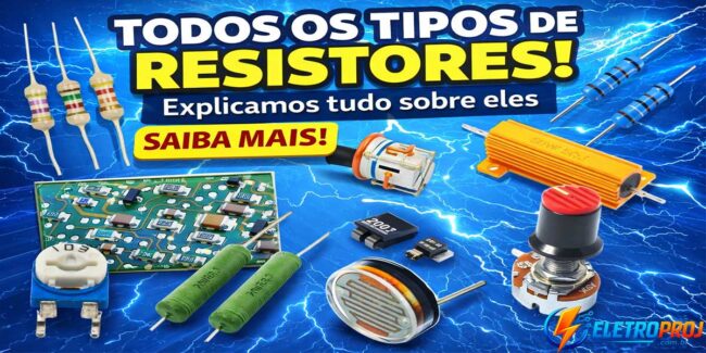 Tipos de resistores eletrônicos: filme de carbono, filme metálico, SMD, resistor de potência, potenciômetro e LDR em imagem estilo thumbnail chamativa