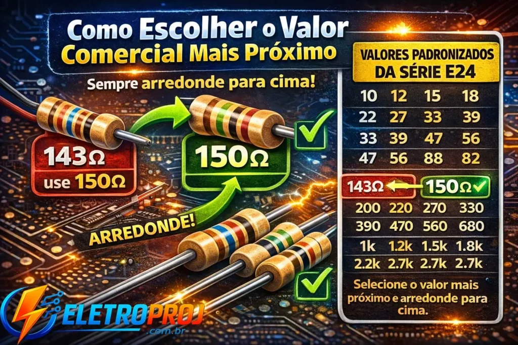 Como escolher o valor comercial mais próximo do resistor usando a série E24, mostrando exemplo de arredondamento de 143Ω para 150Ω com tabela de valores padronizados.