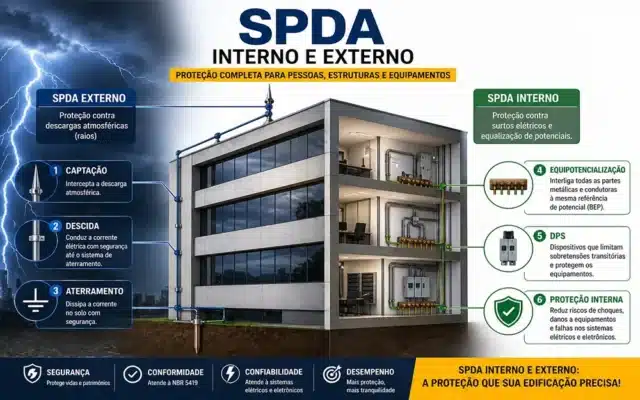 SPDA industrial em galpão com sistema de captação descida e malha de aterramento protegendo contra raios
