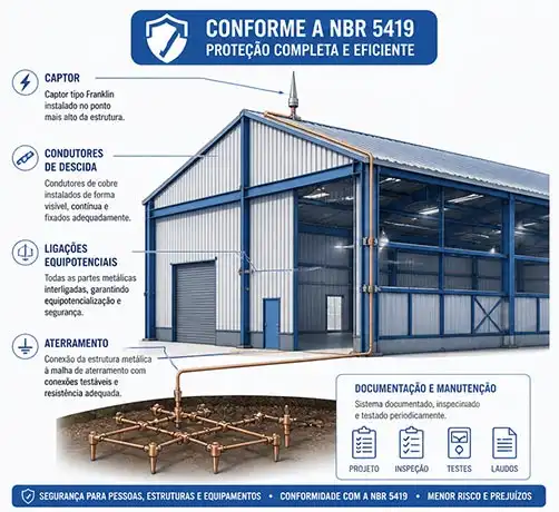 Comparação SPDA em galpão metálico conforme NBR 5419 versus instalação não conforme com falhas de aterramento