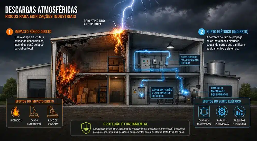 Descarga atmosférica em galpão industrial mostrando impacto direto com incêndio e surto elétrico danificando equipamentos