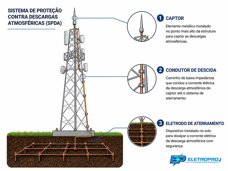 SPDA em torre com malha de aterramento em cobre e eletrodos distribuídos no solo