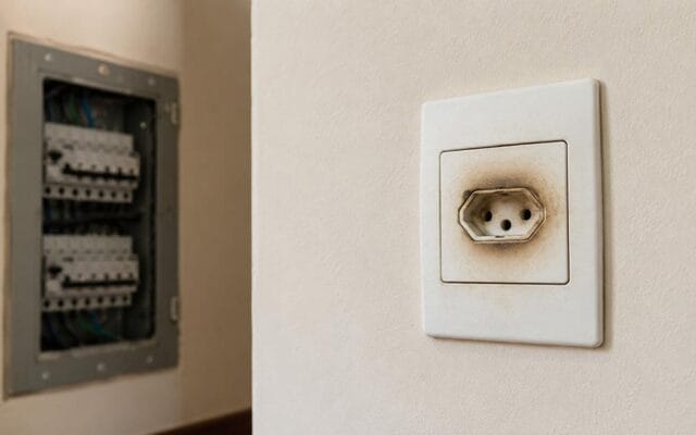 Problemas elétricos em casa: tomada residencial com sinais de superaquecimento ao redor do plugue, com quadro de disjuntores ao fundo.