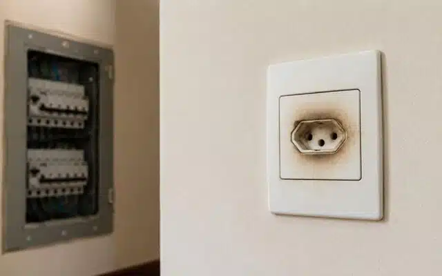 Problemas elétricos em casa: tomada residencial com sinais de superaquecimento ao redor do plugue, com quadro de disjuntores ao fundo.