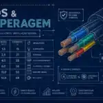 Infográfico ilustrativo sobre tabela de fios e amperagem conforme a NBR 5410, apresentando bitolas de cabos elétricos, correntes suportadas, aplicações típicas e conceitos de dimensionamento seguro para instalações elétricas residenciais, comerciais e industriais.