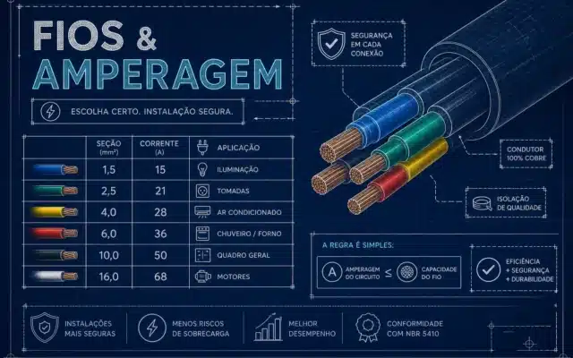 Infográfico ilustrativo sobre tabela de fios e amperagem conforme a NBR 5410, apresentando bitolas de cabos elétricos, correntes suportadas, aplicações típicas e conceitos de dimensionamento seguro para instalações elétricas residenciais, comerciais e industriais.